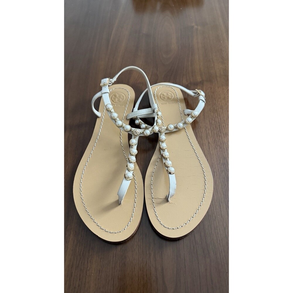 Tory Burch Women’s 8 White Pearl Logo Thong Ankle Strap Leather Sandal